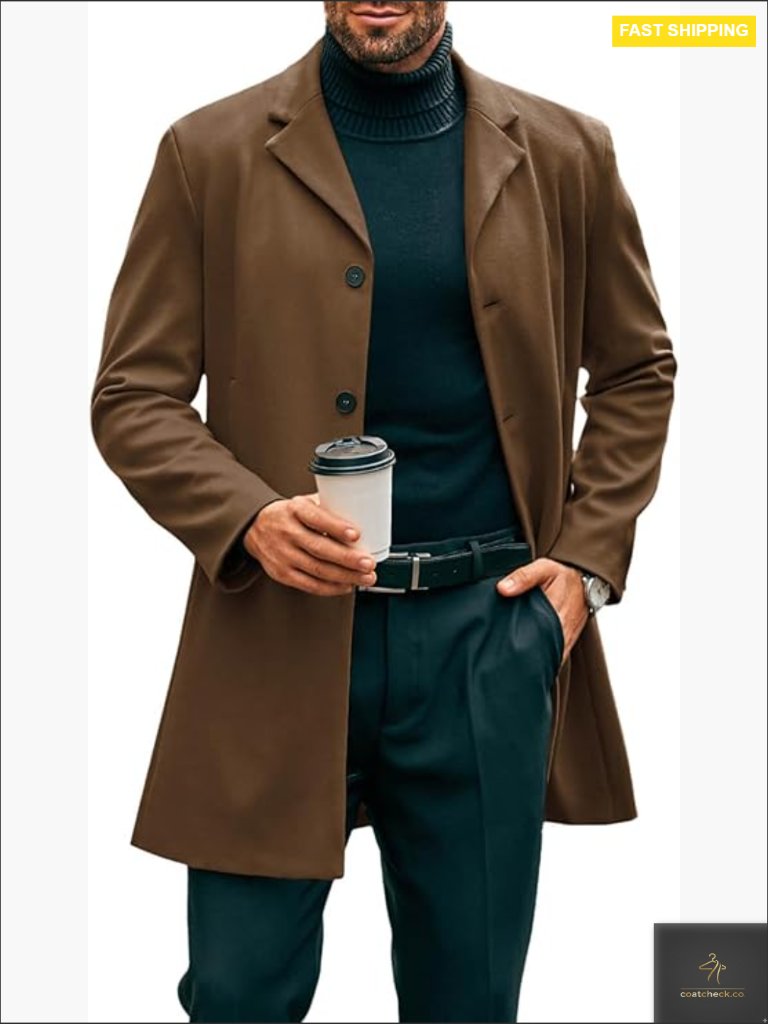 Mens Mid Long Trench Coat Slim Fit Winter Pea Coat Single Breasted Business